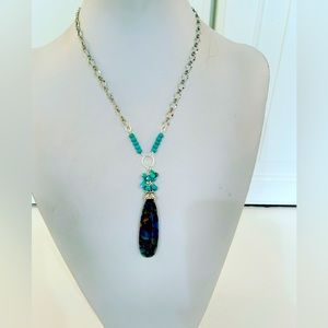Handcrafted necklace with Jasper teardrop  and turquoise stone cluster 28”